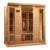 Maxxus Low EMF FAR Infrared Sauna - 4 Person - Natural hemlock wood construction with Tempered glass door and 2 full-length side windows,  Interior color therapy lighting,  Carbon heating panels, Roof vent,  Interior/exterior LED control panels,  FM Radio with BT, MP3 auxiliary, SD, and USB connection Electrical service in a white background