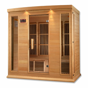 Maxxus Low EMF FAR Infrared Sauna - 4 Person - Natural hemlock wood construction with Tempered glass door and 2 full-length side windows,  Interior color therapy lighting,  Carbon heating panels, Roof vent,  Interior/exterior LED control panels,  FM Radio with BT, MP3 auxiliary, SD, and USB connection Electrical service in a white background