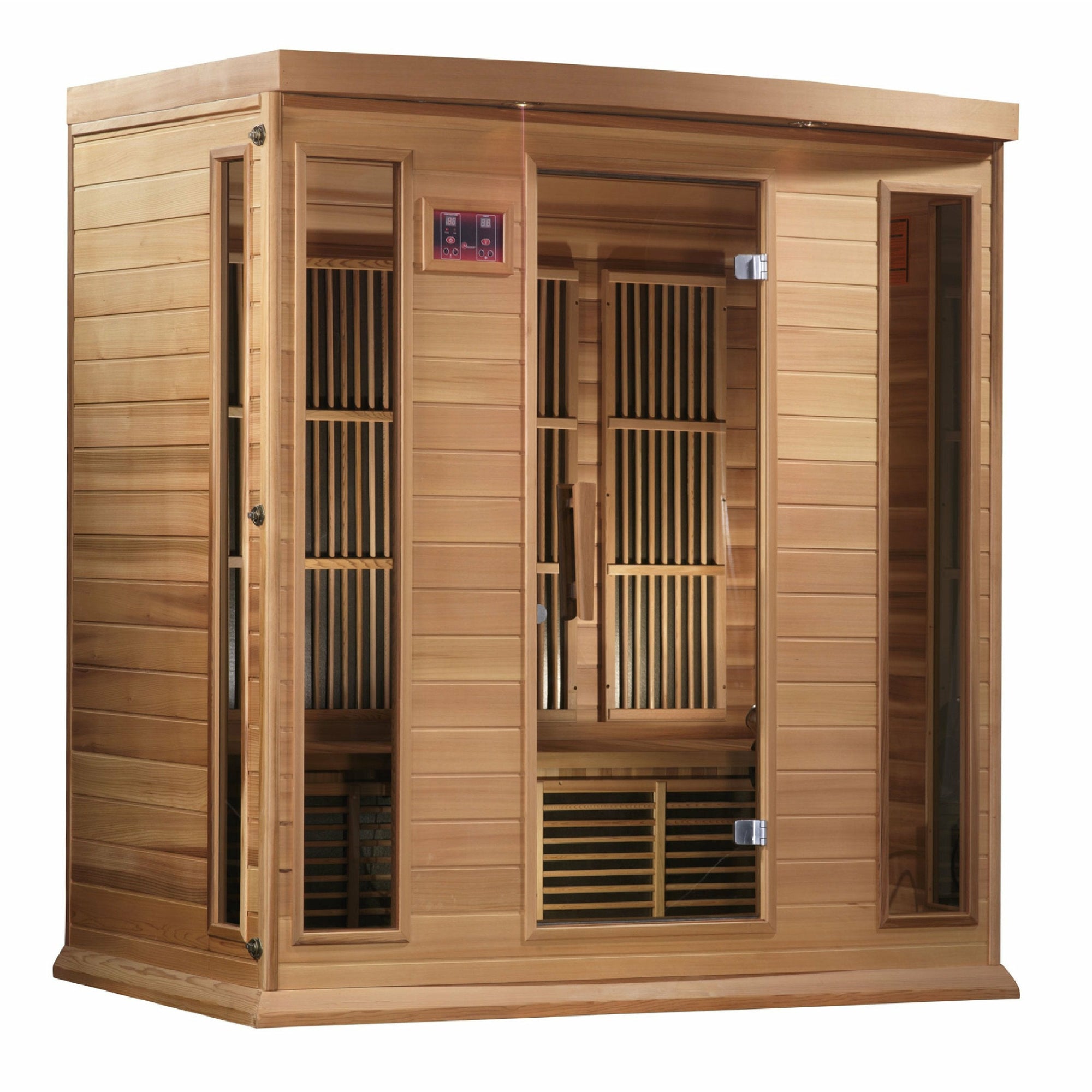 Maxxus Low EMF FAR Infrared Sauna - 4 Person - Natural Canadian red cedar wood construction with Tempered glass door and 2 full-length side windows,  Interior color therapy lighting,  Carbon heating panels, Roof vent,  Interior/exterior LED control panels,  FM Radio with BT, MP3 auxiliary, SD, and USB connection Electrical service in a white background