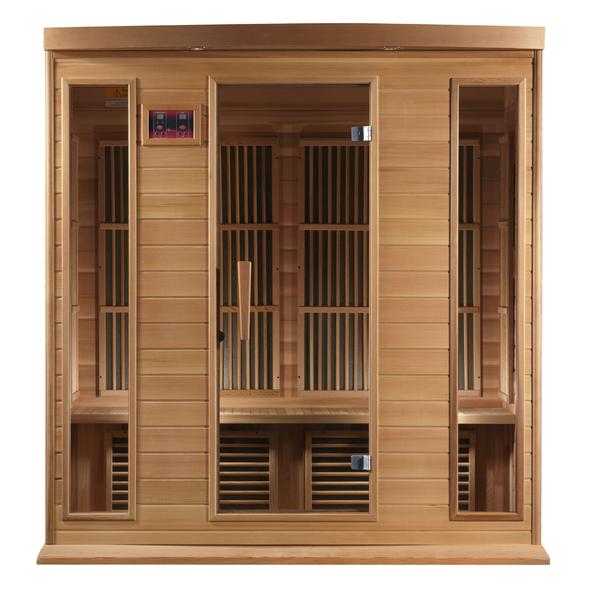 Maxxus Low EMF FAR Infrared Sauna - 4 Person - Natural Canadian red cedar wood construction with Tempered glass door and 2 full-length side windows,  Interior color therapy lighting,  Carbon heating panels, Roof vent,  Interior/exterior LED control panels,  FM Radio with BT, MP3 auxiliary, SD, and USB connection Electrical service in a white background