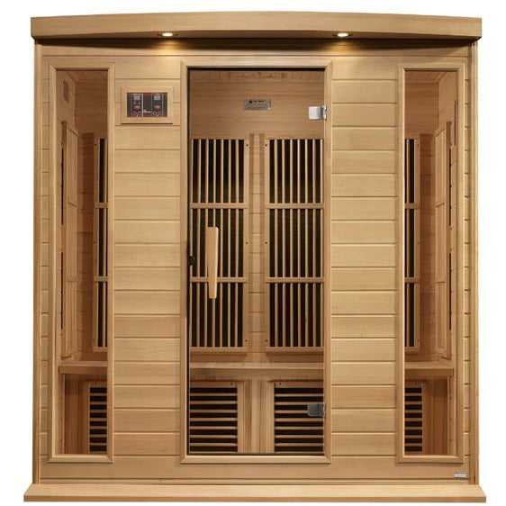 Maxxus Near Zero EMF FAR Infrared Sauna  - Natural canadian hemlock wood construction with Tempered glass door and 2 full-length side windows, Interior reading light, Carbon Tech Low EMF FAR Infrared heaters , Roof vent, Interior LED control panel,  FM Radio with BT, MP3 auxiliary, SD, and USB connection, Electrical service in a white background