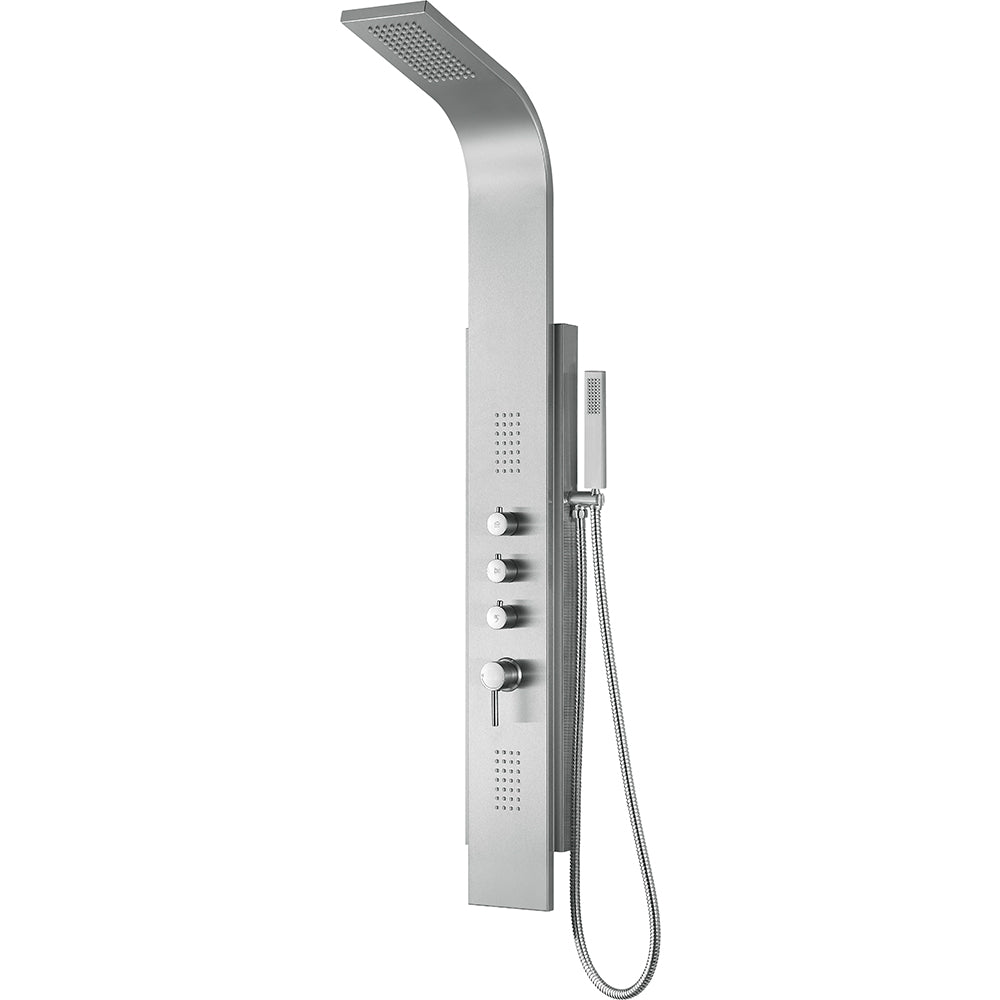 PULSE ShowerSpas Malibu Stainless Steel Brushed ShowerSpa - Two oversized single-function body jets, a sleek hand shower, and a rain showerhead and three brass diverters - 1043-SSB - Vital Hydrotherapy