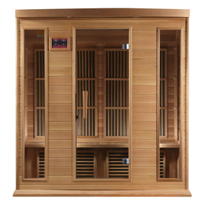 Maxxus Montilemar Edition Near Zero EMF FAR Infrared Sauna - 4 Person  - Natural canadian hemlock wood construction with Tempered glass door and 2 full-length side windows, Interior reading light, Carbon Tech Low EMF FAR Infrared heaters , Roof vent, Interior LED control panel,  FM Radio with BT, MP3 auxiliary, SD, and USB connection, Electrical service in a white background