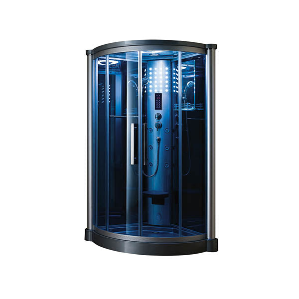 Mesa 801L Corner Steam Shower tinted blue glass with a fold-down seat, 6 body jets, adjustable handheld shower head, storage shelves and a blue LED lighting