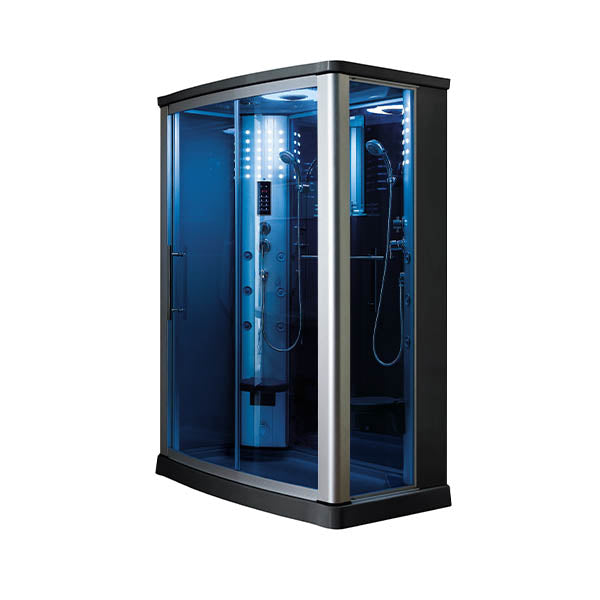 Mesa 803L Steam Shower slightly curved front, sliding glass doors, and brushed nickel trim tempered blue glass and dual interior control panels with dual shower wands, dual fold up corner seats and a blue LED lighting