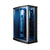 Mesa 803L Steam Shower slightly curved front, sliding glass doors, and brushed nickel trim tempered blue glass and dual interior control panels with dual shower wands, dual fold up corner seats and a blue LED lighting