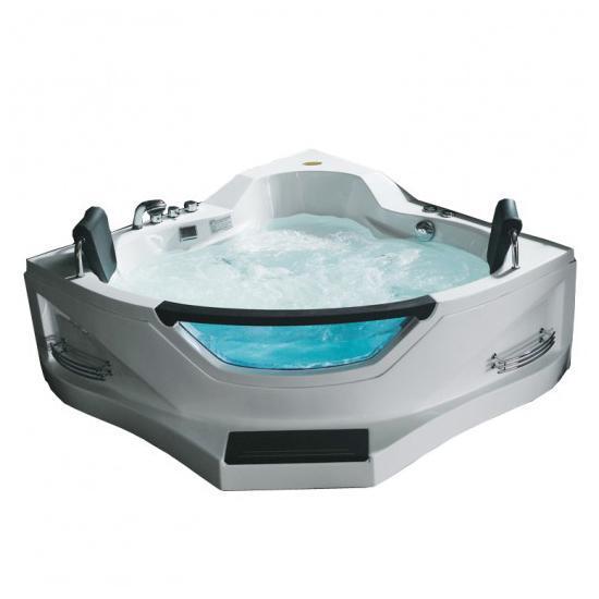 Mesa Whirlpool Air Two Person Corner Tub 59"L x 59"W x 25"H WS-084 Jetted Tub - Contoured Seats, 10 Whirlpool Jets, Dual adjustable Head Rests, Handheld Movable Shower and See-through Glass Panel - Vital Hydrotherapy