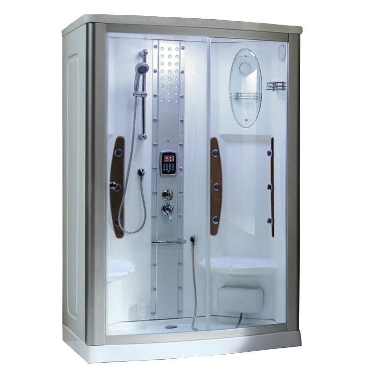 Mesa WS-803A Steam Shower slightly curved front tempered clear glass with chrome interior control panel with 3KW Steam generator, dual molded corner seats, a rainfall and handheld shower, mirror and storage shelves