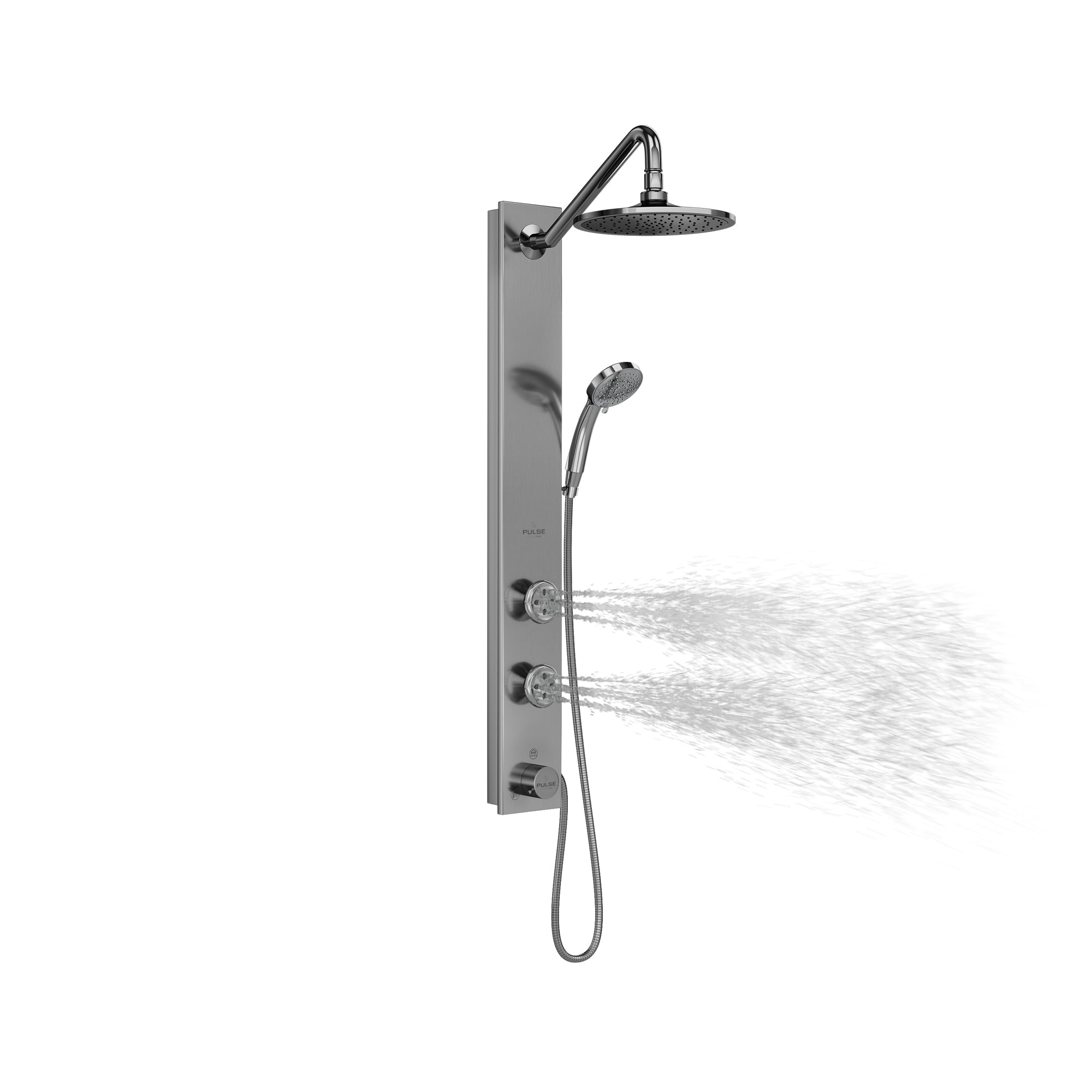 PULSE ShowerSpas Brushed Stainless Steel Shower System - Aloha Shower System - Chrome fixtures - with 8" Rain showerhead with soft tips, 5-Function hand shower with 59" double-interlocking stainless steel hose, 2 body jets and Brass diverter - 1021-SSB - Vital Hydrotherapy