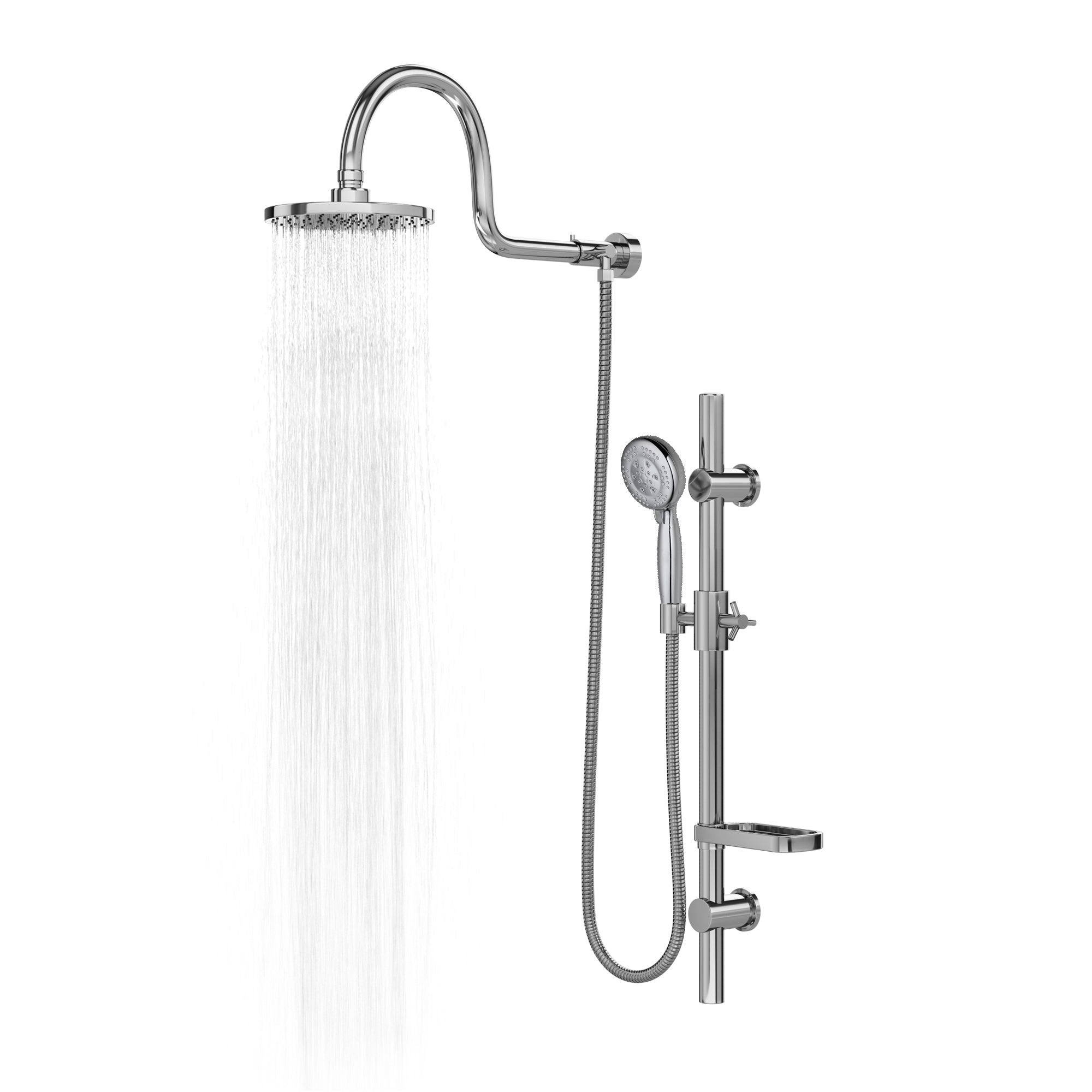 PULSE ShowerSpas Shower System - Aqua Rain Shower System - with 8" Rain showerhead with soft tips, Five-function hand shower with 59" double-interlocking stainless steel hose, Slide bar, soap dish and Brass diverter - Polished Chrome - 1019 - Vital Hydrotherapy