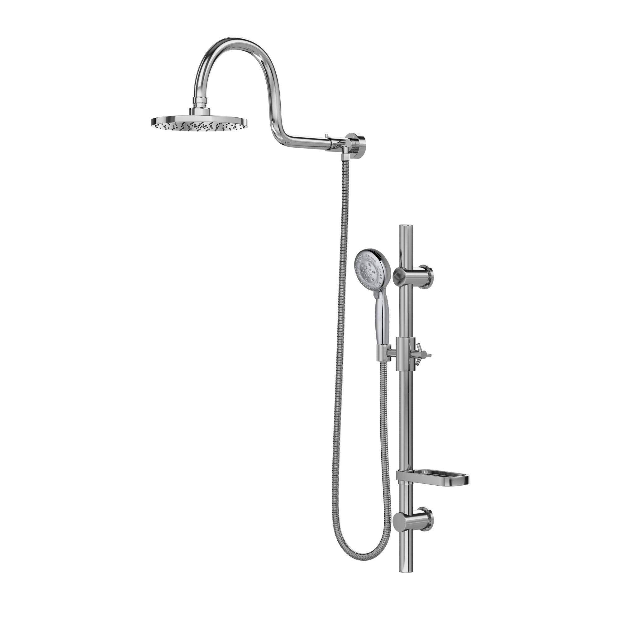 PULSE ShowerSpas Shower System - Aqua Rain Shower System - with 8" Rain showerhead with soft tips, Five-function hand shower with 59" double-interlocking stainless steel hose, Slide bar, soap dish and Brass diverter - Polished Chrome - 1019 - Vital Hydrotherapy