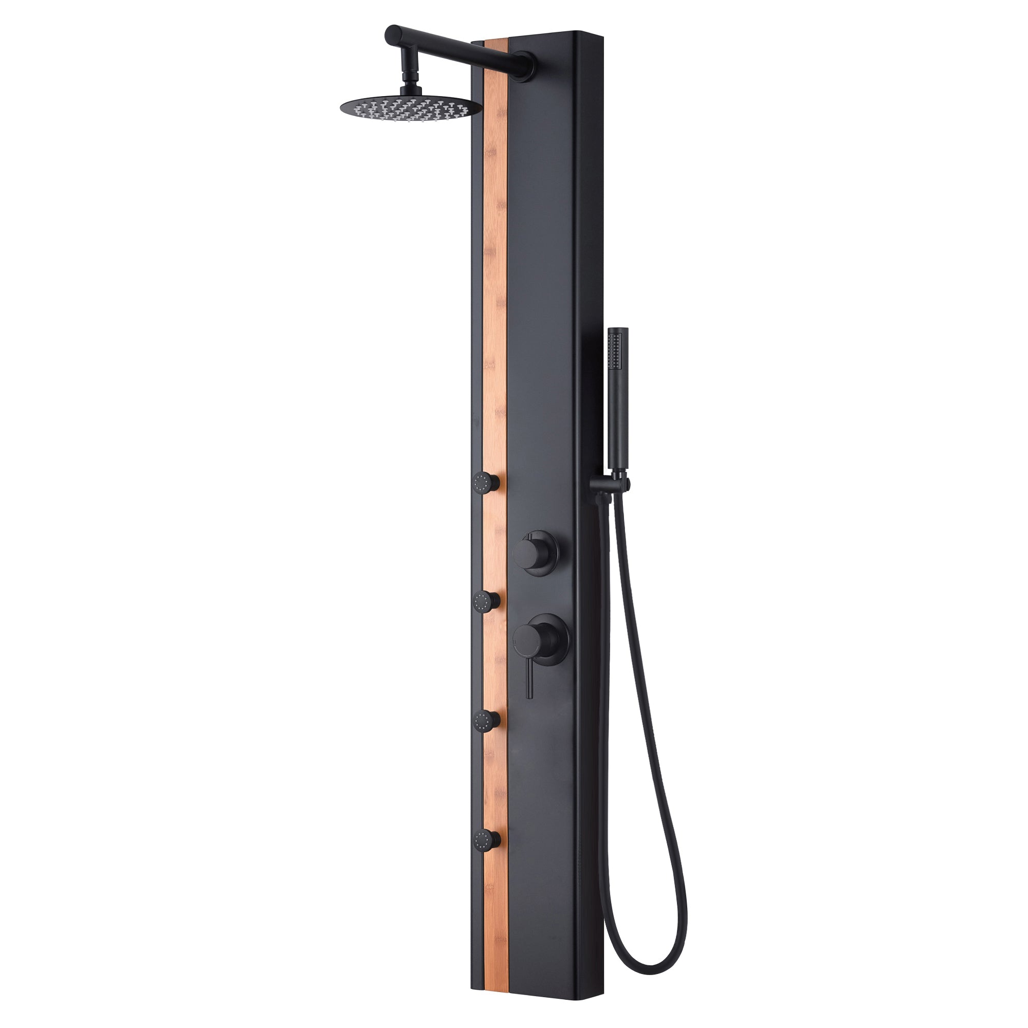 PULSE ShowerSpas Eclipse Matte Black ShowerSpa - Aluminum body - with 8 inch rain showerhead, 4 single function body jets, Single function wand hand shower, Brass diverter and pressure balance valve - 1060MB-BA - Vital Hydrotherapy