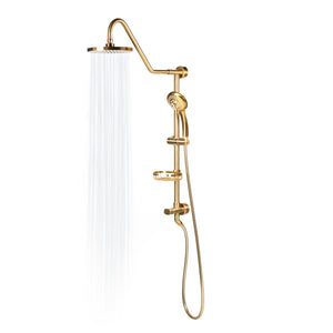 PULSE ShowerSpas Shower System - Kauai III Shower System 1011-1.8GPM - with 8" Rain showerhead with soft tips, Five-function hand shower with 59" double-interlocking stainless steel hose, Brass slide bar, soap dish, diverter, and shower arm - Brushed Gold - Vital Hydrotherapy