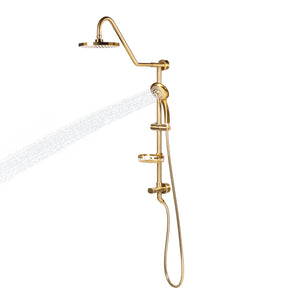 PULSE ShowerSpas Shower System - Kauai III Shower System 1011-1.8GPM - with 8" Rain showerhead with soft tips, Five-function hand shower with 59" double-interlocking stainless steel hose, Brass slide bar, soap dish, diverter, and shower arm - Brushed Gold - Vital Hydrotherapy