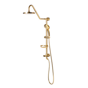 PULSE ShowerSpas Shower System - Kauai III Shower System 1011-1.8GPM - with 8" Rain showerhead with soft tips, Five-function hand shower with 59" double-interlocking stainless steel hose, Brass slide bar, soap dish, diverter, and shower arm - Brushed Gold - Vital Hydrotherapy