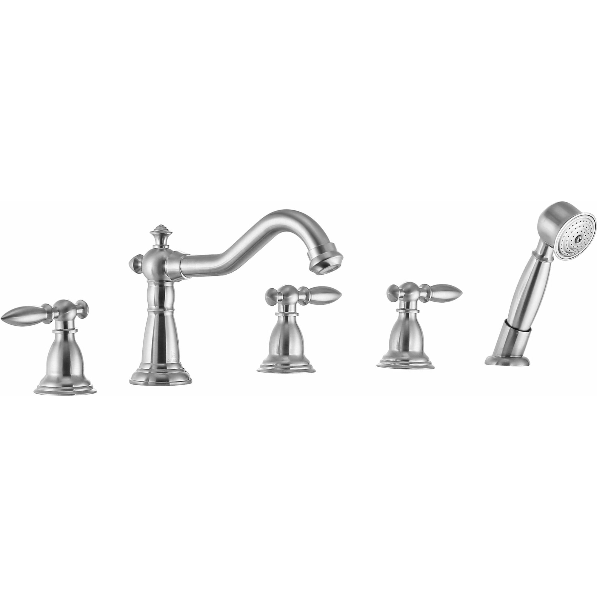 Anzzi Patriarch 2-Handle Deck-mount Roman Tub Faucet With Handheld Sprayer - Brushed Nickel Finish - Dual Handle Bathtub Faucet - Extendable Handheld Sprayer - FR-AZ091 - Vital Hydrotherapy