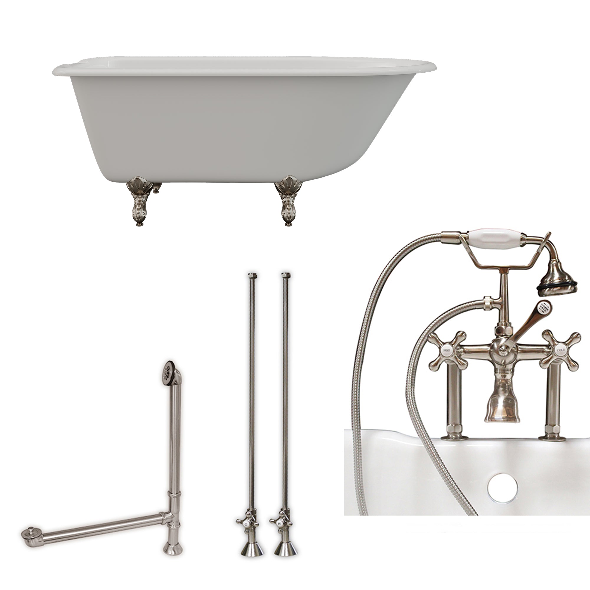 Cambridge Plumbing 54-Inch Rolled Rim Cast Iron Clawfoot Tub (Porcelain enamel interior and white paint exterior) and Deck Mount Plumbing Package (Brushed nickel) RR55-463D-6-PKG-7DH - Vital Hydrotherapy