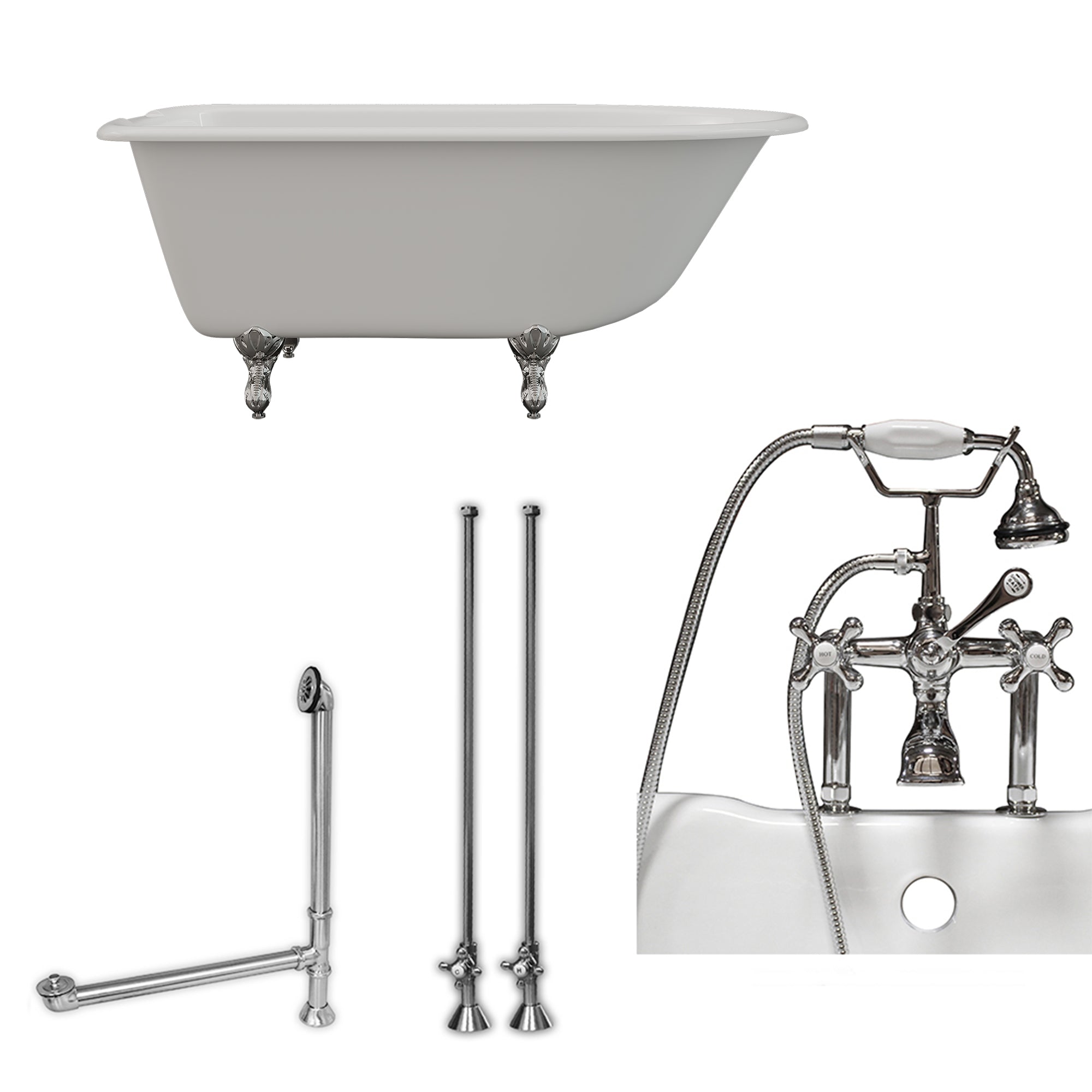 Cambridge Plumbing 54-Inch Rolled Rim Cast Iron Clawfoot Tub (Porcelain enamel interior and white paint exterior) and Deck Mount Plumbing Package (Brushed nickel) RR55-463D-6-PKG-7DH - Vital Hydrotherapy