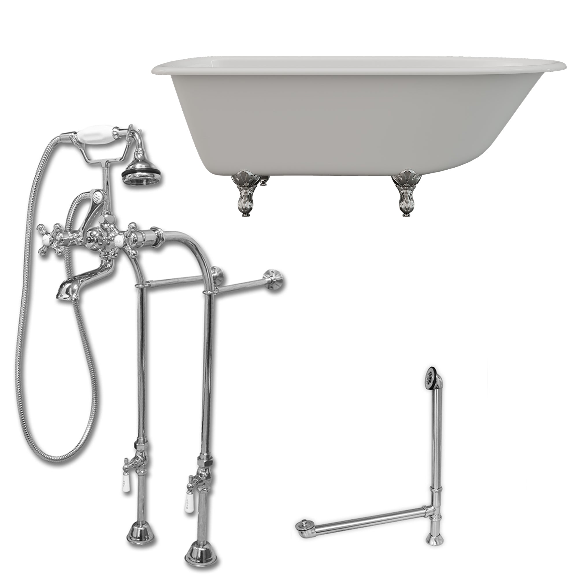 Cambridge Plumbing 60-Inch Rolled Rim Cast Iron Clawfoot Tub (Porcelain enamel interior and white paint exterior) and Freestanding Plumbing Package (Brushed nickel) RR61-398463-PKG-NH - Vital Hydrotherapy