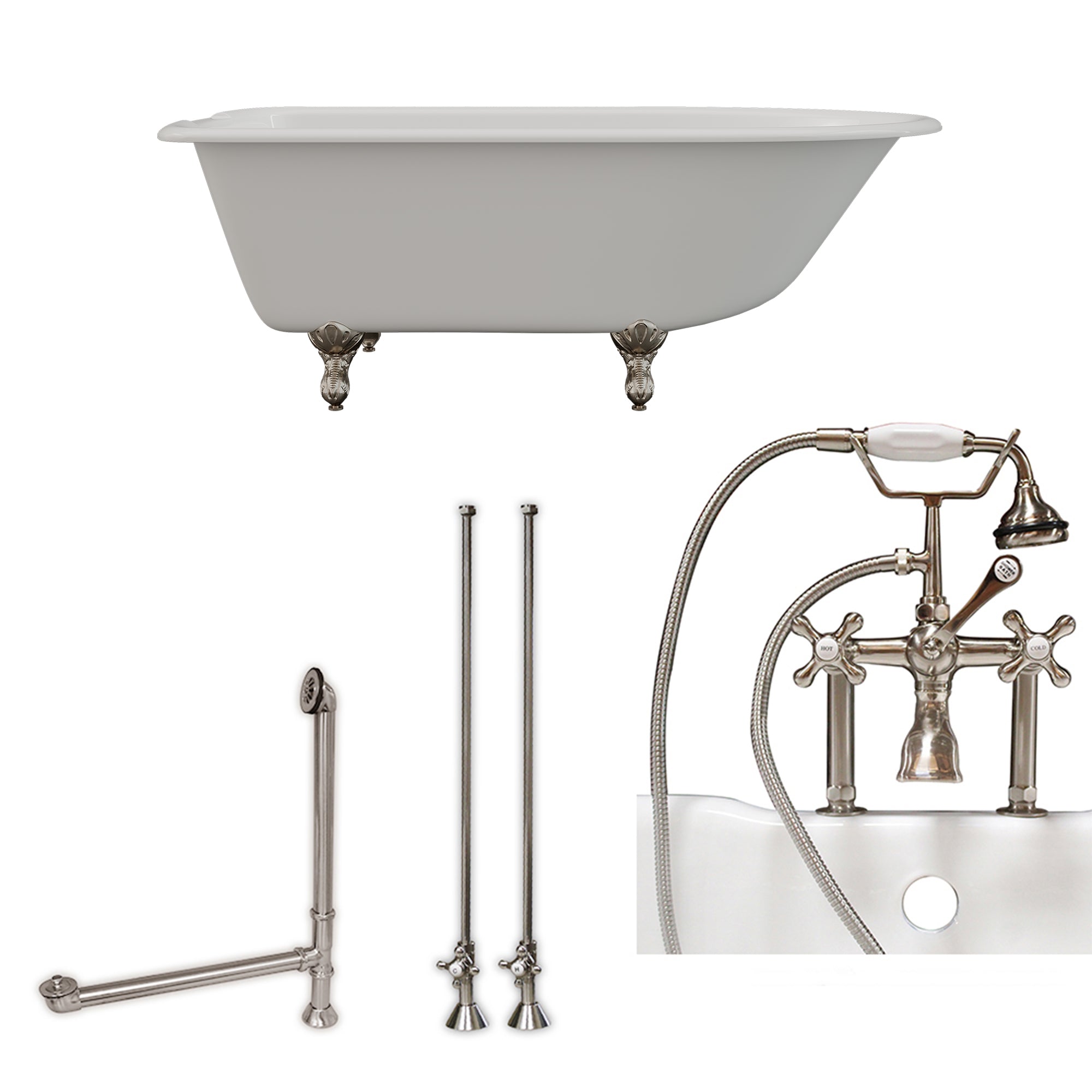 Cambridge Plumbing 60-Inch Rolled Rim Cast Iron Clawfoot Tub (Porcelain enamel interior and white paint exterior) and Deck Mount Plumbing Package (Brushed Nickel) RR61-463D-6-PKG-7DH - Vital Hydrotherapy