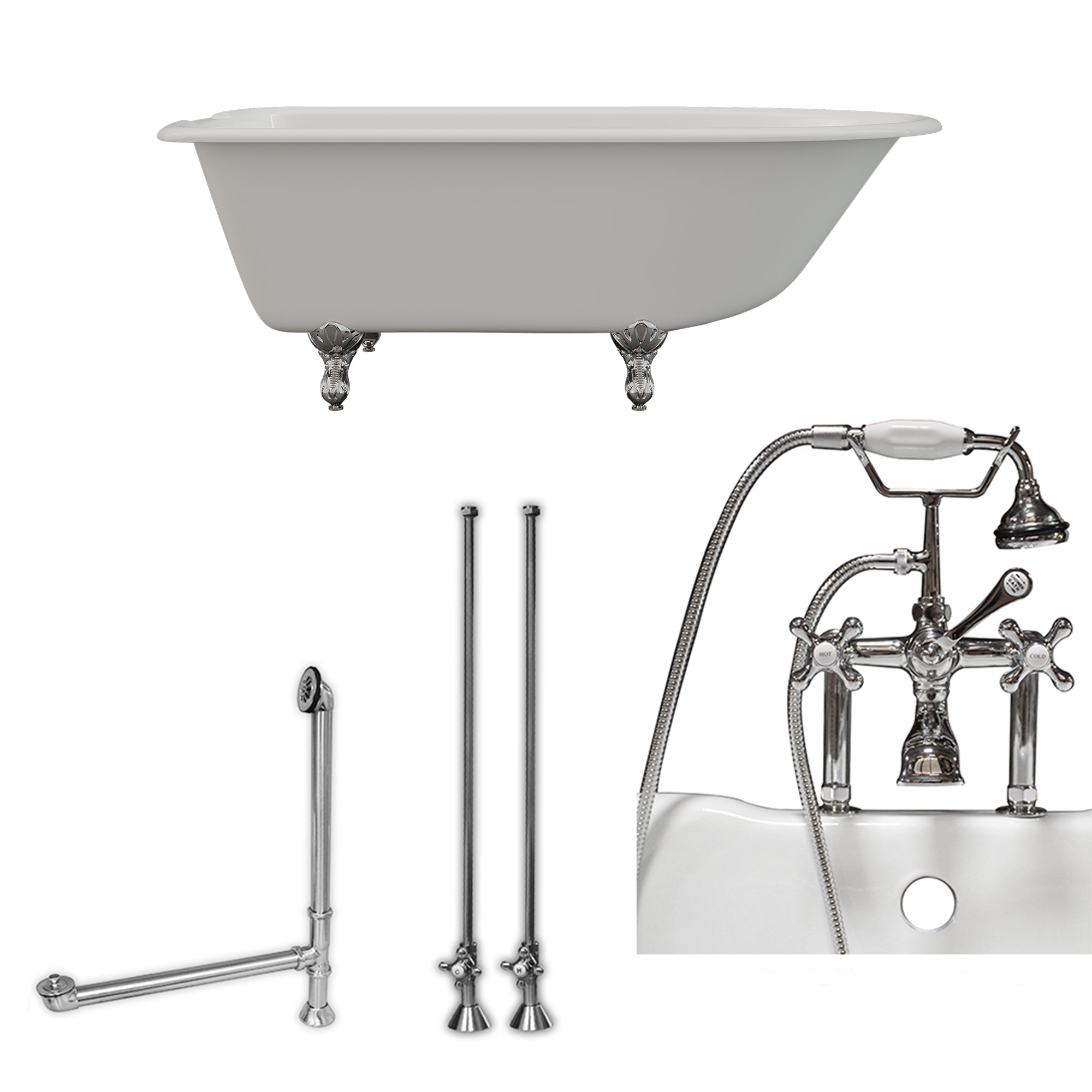 Cambridge Plumbing 60-Inch Rolled Rim Cast Iron Clawfoot Tub (Porcelain enamel interior and white paint exterior) and Deck Mount Plumbing Package (Brushed Nickel) RR61-463D-6-PKG-7DH - Vital Hydrotherapy