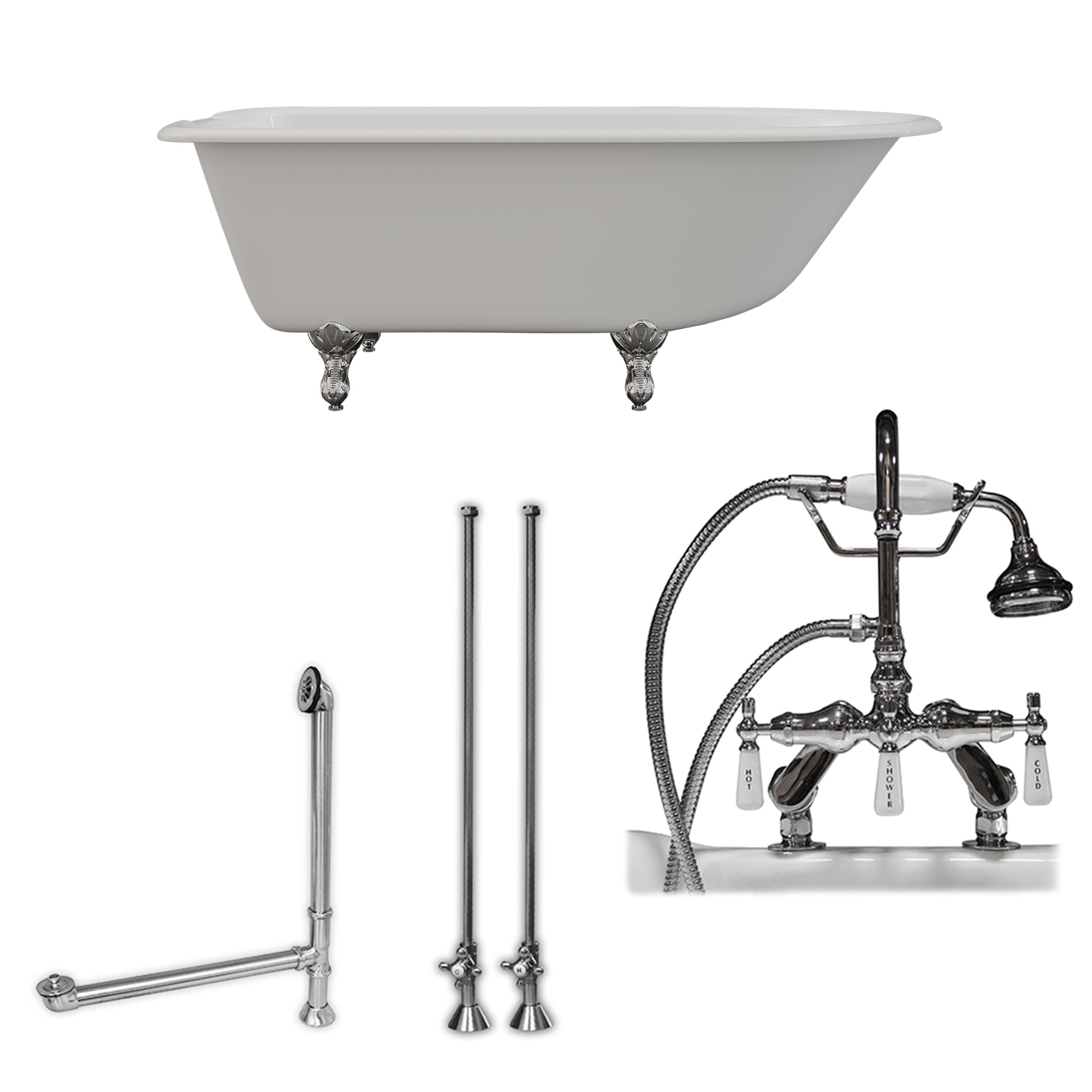 Cambridge Plumbing 60-Inch Rolled Rim Cast Iron Clawfoot Tub (Porcelain enamel interior and white paint exterior) and Deck Mount Plumbing Package (Brushed Nickel) RR61-684D-PKG-7DH - Vital Hydrotherapy