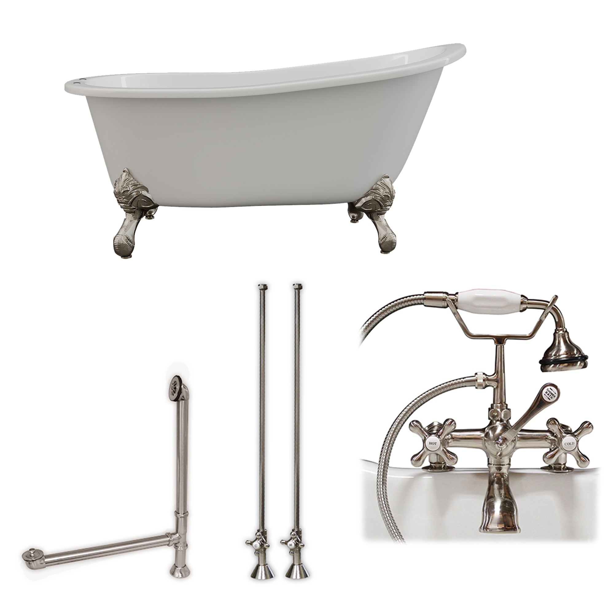 Cambridge Plumbing 61-Inch Cast Iron Slipper Clawfoot Tub (Porcelain enamel interior and white paint exterior) and Deck Mount Plumbing Package (Brushed Nickel) ST61-463D-2-PKG-7DH - Vital Hydrotherapy