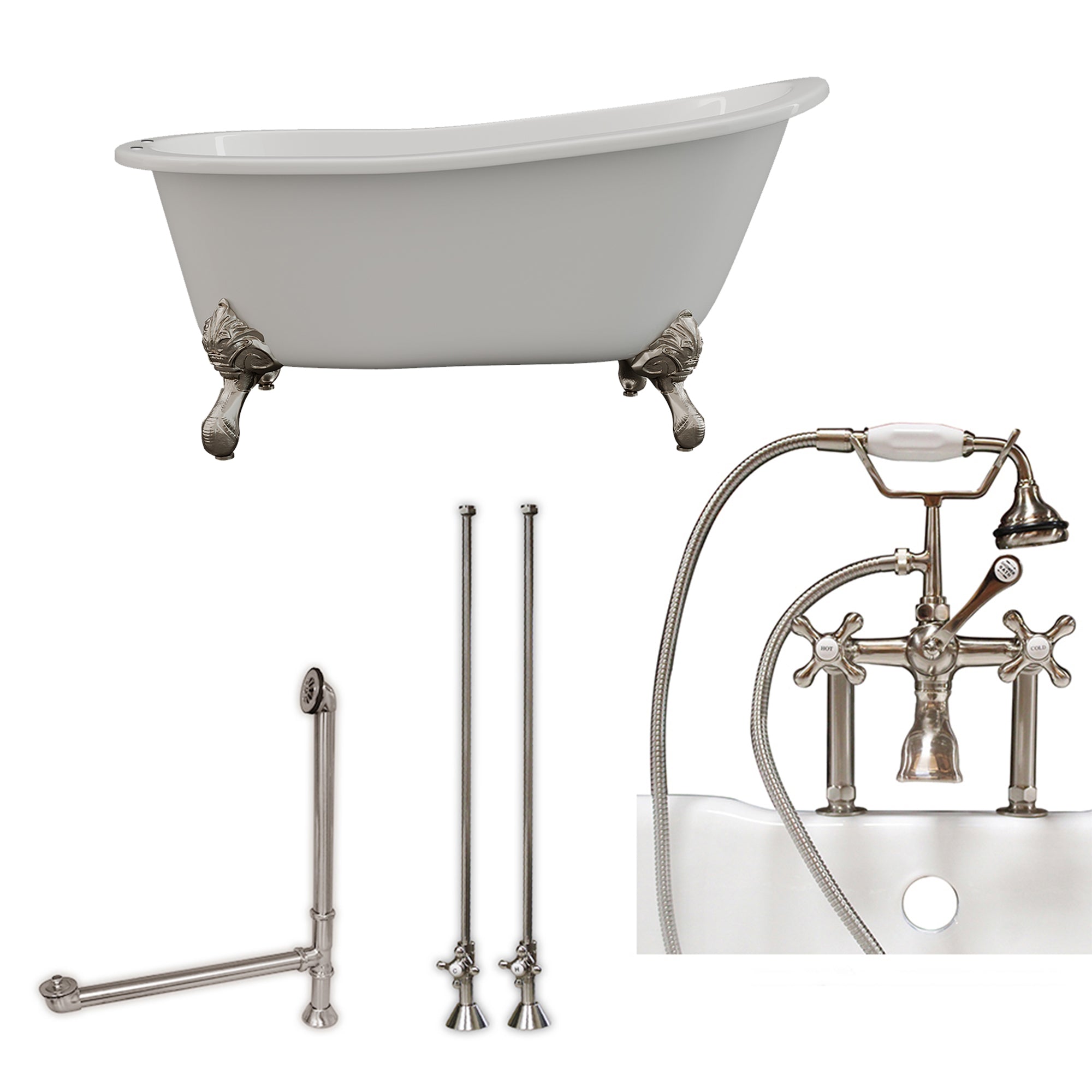 Cambridge Plumbing 61-Inch Cast Iron Slipper Clawfoot Tub (Porcelain enamel interior and white paint exterior) and Deck Mount Plumbing Package (Brushed Nickel) ST61-463D-6-PKG-7DH - Vital Hydrotherapy