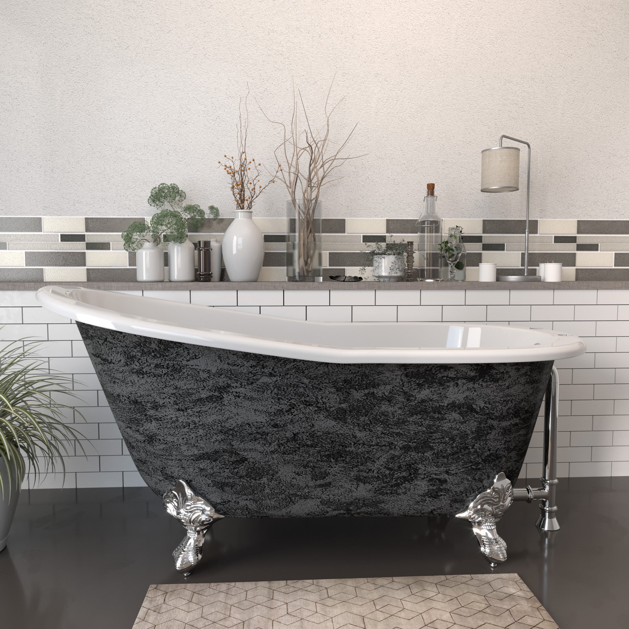 Cambridge Plumbing 61” x 30” Slipper Scorched Platinum Cast Iron Bathtub (Hand Painted Faux Scorched Platinum Exterior) with 7” Deck Mount Faucet Holes and Feet (Brushed Nickel) ST61-DH-SP - Vital Hydrotherapy