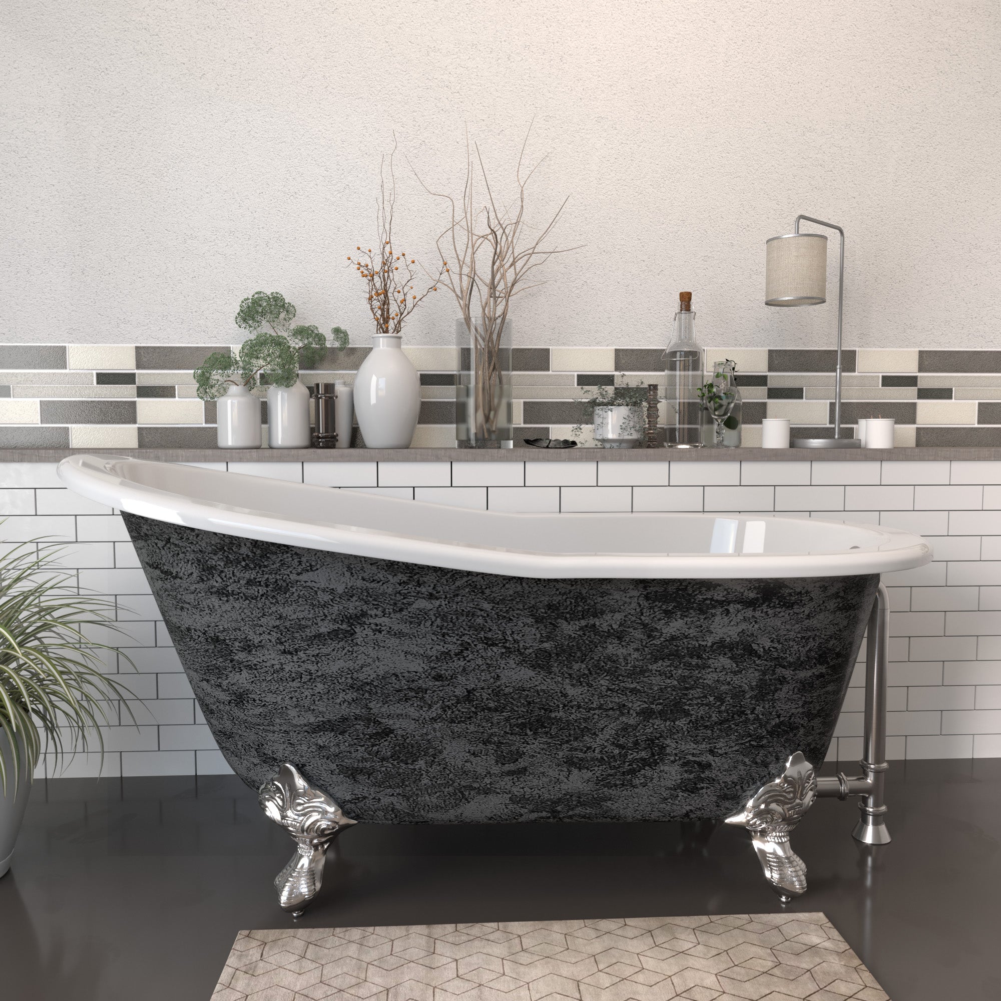 Cambridge Plumbing 61” x 30” Slipper Scorched Platinum Cast Iron Bathtub (Hand Painted Faux Scorched Platinum Exterior) with Feet (Brushed Nickel) and No Faucet Holes ST61-NH-SP - Vital Hydrotherapy