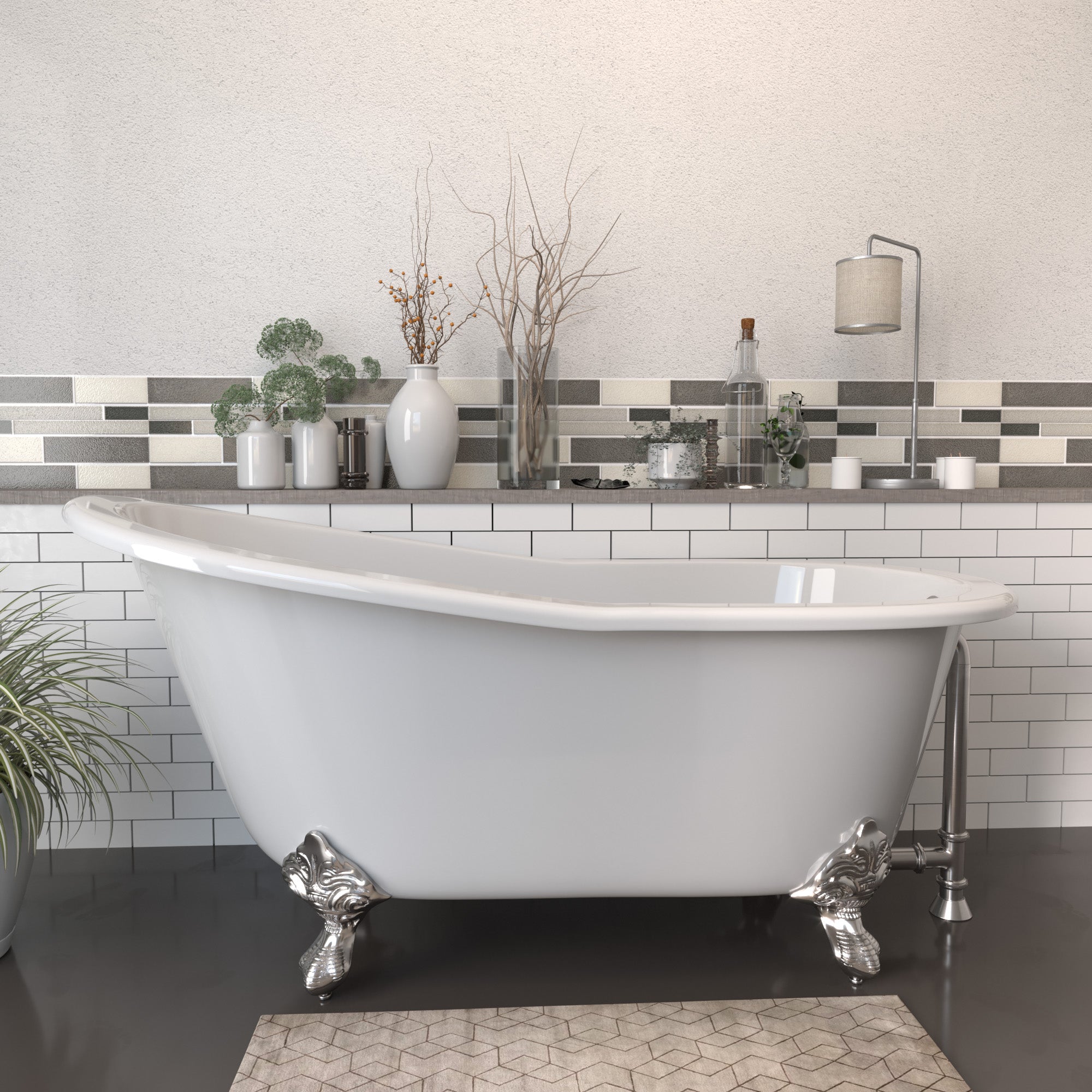 Cambridge Plumbing Cast Iron Slipper Clawfoot Tub (Porcelain enamel interior and white paint exterior) Brushed nickel ball and claw feet - Lifestyle - 61" X 30" ST61-NH - Vital Hydrotherapy