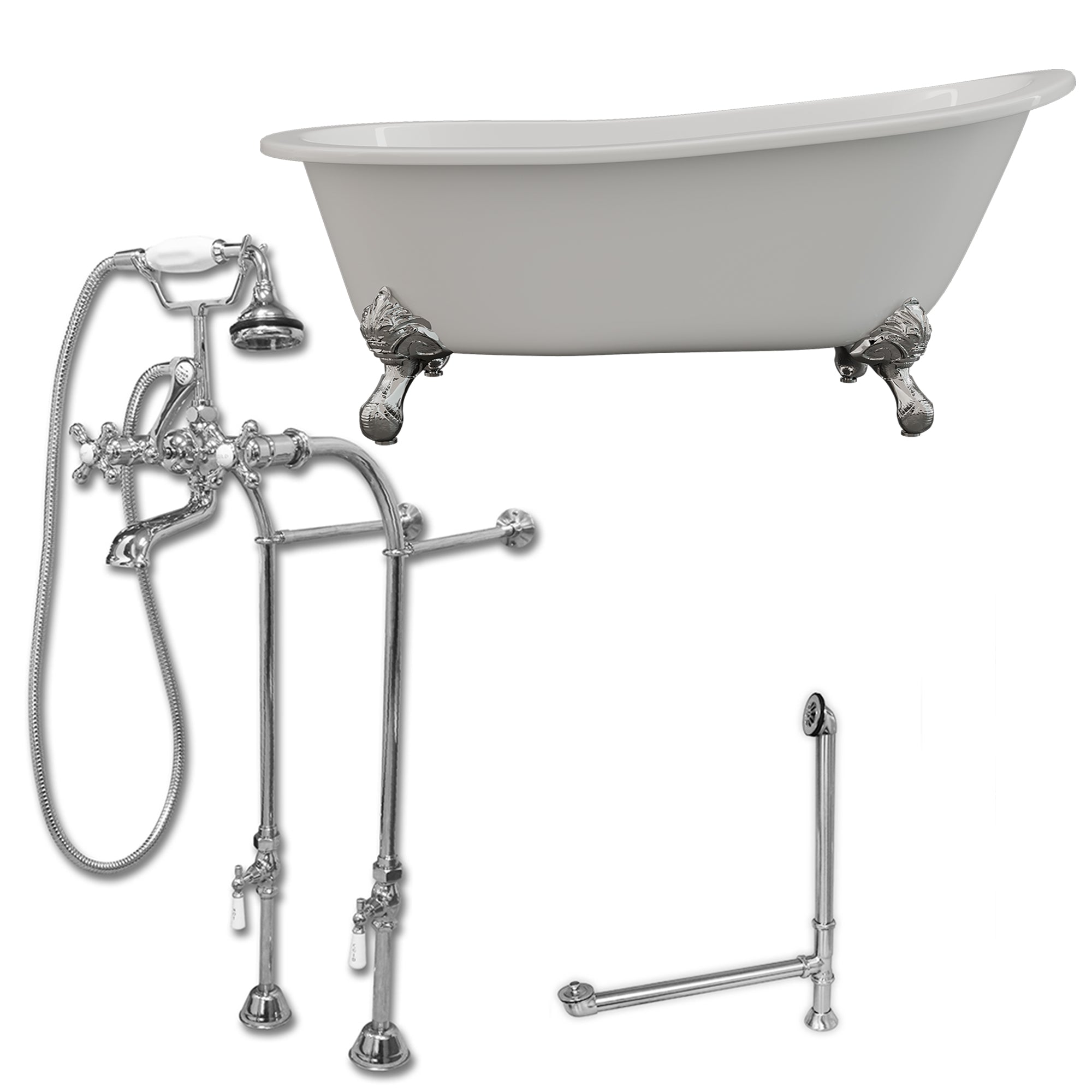 Cambridge Plumbing 67-Inch Slipper Cast Iron Clawfoot Tub (Porcelain enamel interior and white paint exterior) and Freestanding Plumbing Package (Brushed nickel) ST67-398463-PKG-NH - Vital Hydrotherapy