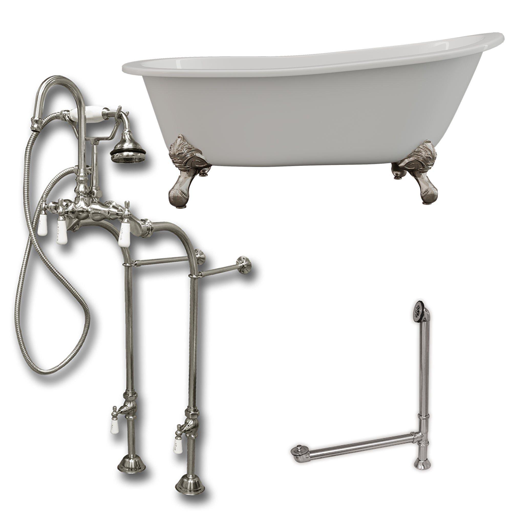 Cambridge Plumbing 67-Inch Slipper Cast Iron Clawfoot Tub (Porcelain enamel interior, white paint exterior) and Freestanding Plumbing Package (Brushed Nickel) ST67-398684-PKG-NH - Vital Hydrotherapy