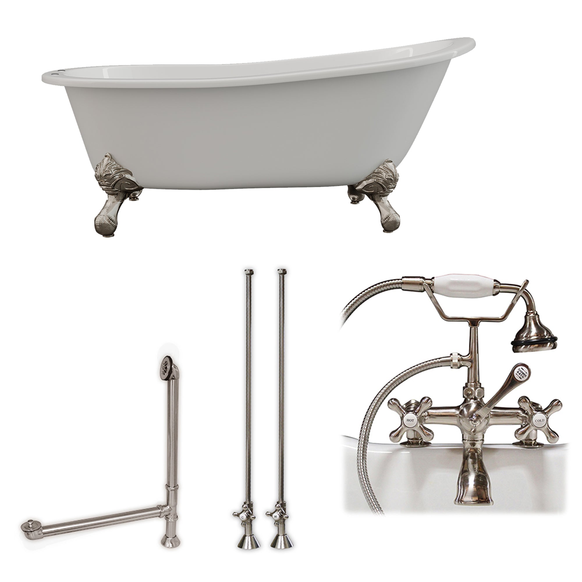 Cambridge Plumbing 67-Inch Slipper Cast Iron Clawfoot Tub (Porcelain enamel interior and white paint exterior) and Deck Mount Plumbing Package (Brushed Nickel) ST67-463D-2-PKG-7DH - Vital Hydrotherapy