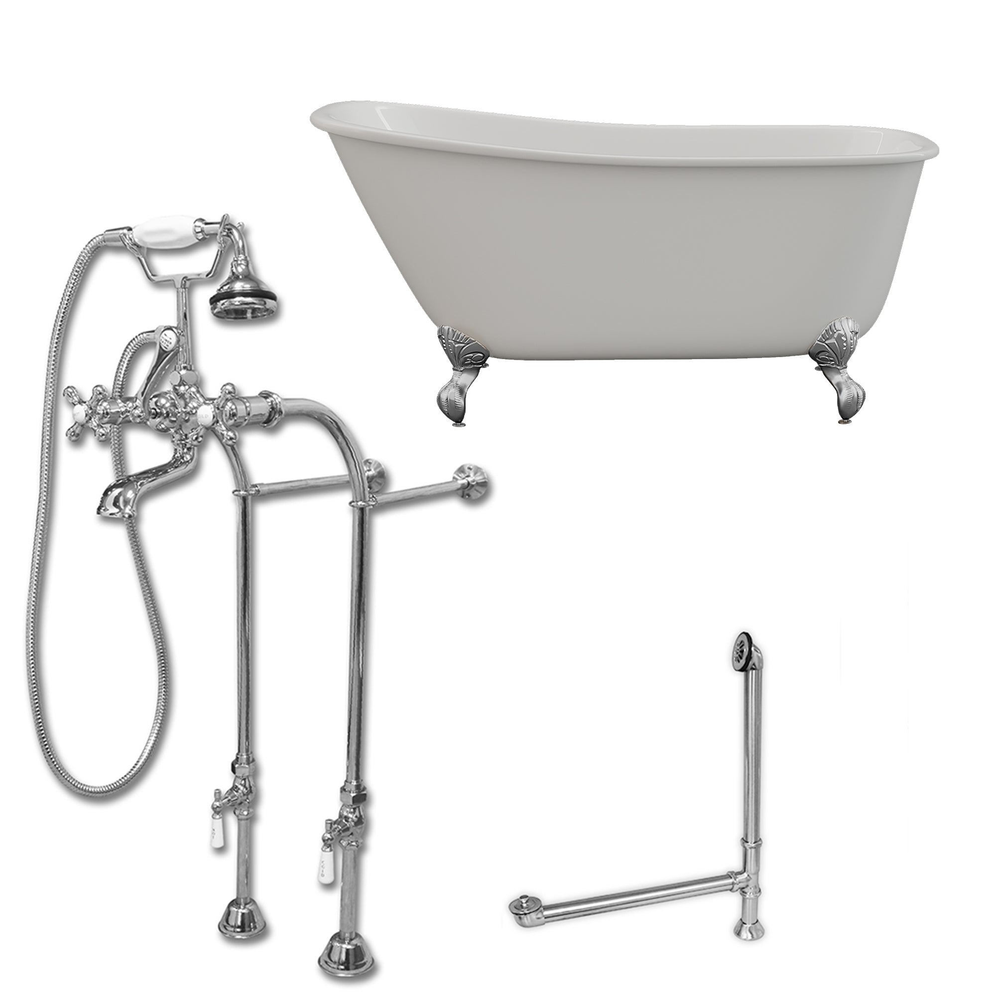 Cambridge Plumbing 54-Inch Swedish Slipper Clawfoot Tub (Porcelain enamel interior and white paint exterior) with Freestanding Plumbing Package (Brushed Nickel) SWED54-398463-PKG-NH - Vital Hydrotherapy