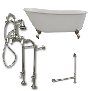 Cambridge Plumbing 58-Inch Swedish Slipper Cast Iron Clawfoot Tub (Luxurious Porcelain Enamel Interior) with Freestanding Plumbing Package - Brushed Nickel Ball and Claw Feet - SWED58-398684-PKG-NH - Vital Hydrotherapy