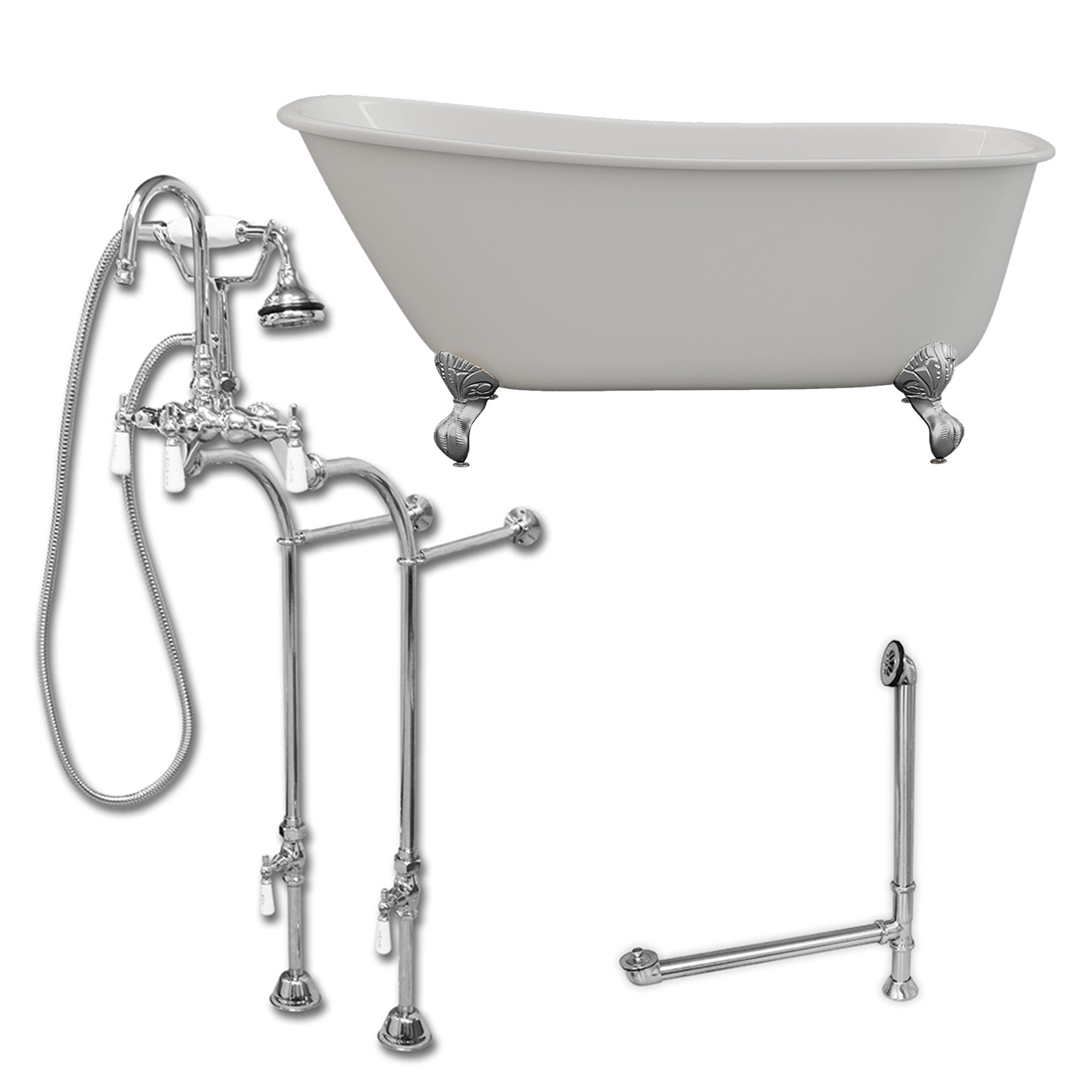 Cambridge Plumbing 58-Inch Swedish Slipper Cast Iron Clawfoot Tub (Luxurious Porcelain Enamel Interior) with Freestanding Plumbing Package - Brushed Nickel Ball and Claw Feet - SWED58-398684-PKG-NH - Vital Hydrotherapy