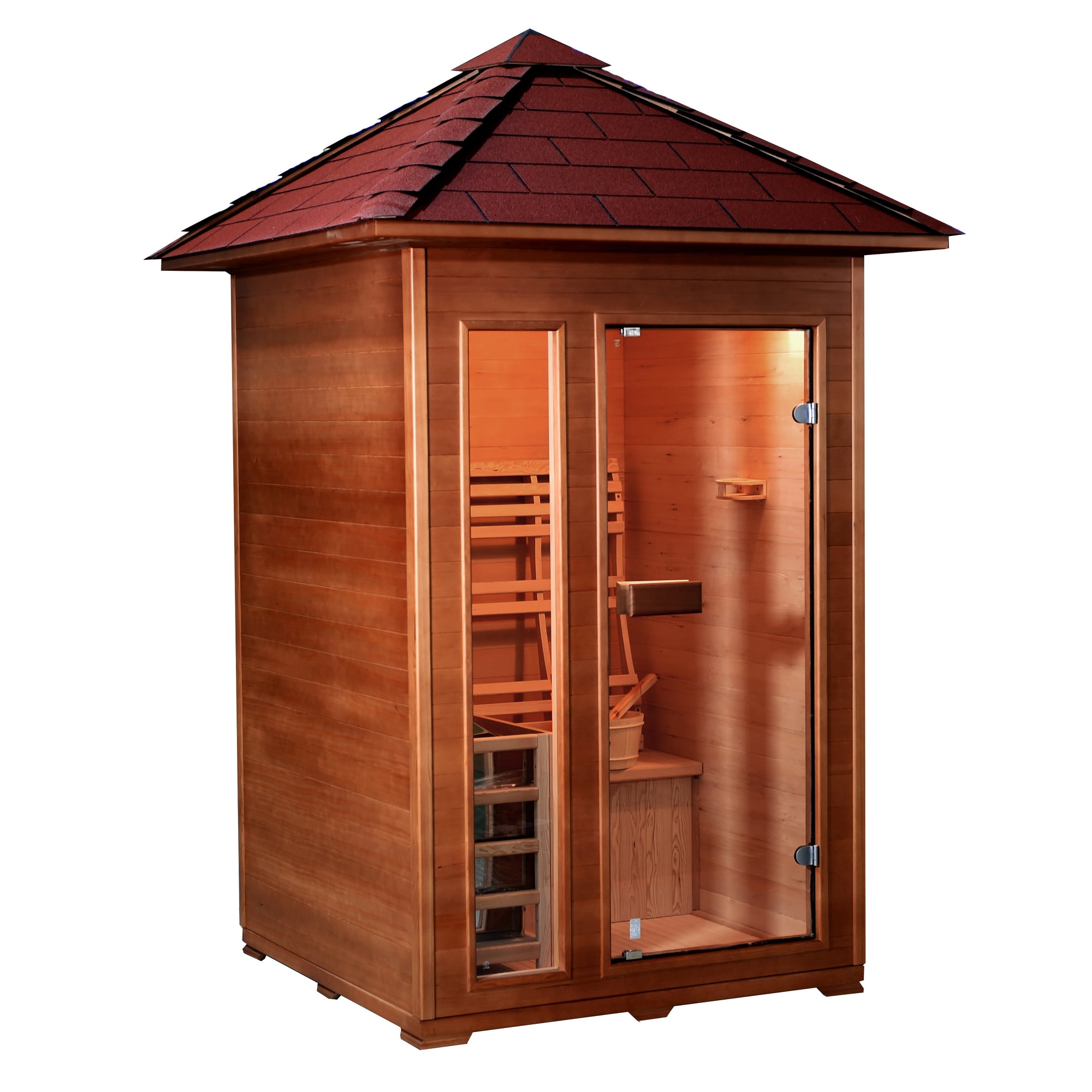 SunRay Bristow 2-person Outdoor Traditional Sauna with Window -  Canadian hemlock wood - Peak roof- Glass door -  Isometric view - HL200D2 Bristow