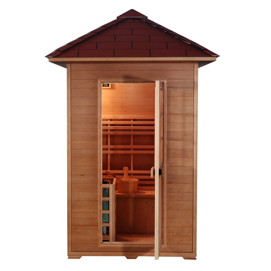 SunRay Eagle 2-Person Outdoor Traditional Sauna  - Canadian hemlock wood with shingled roof- Closed door - HL200D1 Eagle - Isometric view