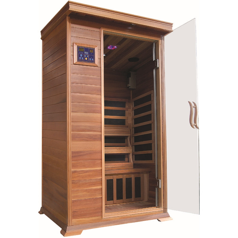 SunRay Sedona 1-2 Person Indoor Infrared Sauna - Natural Canadian red cedar wood with glass door, ergonomic backrest, chroma therapy lighting, digital keypad  - HL100K