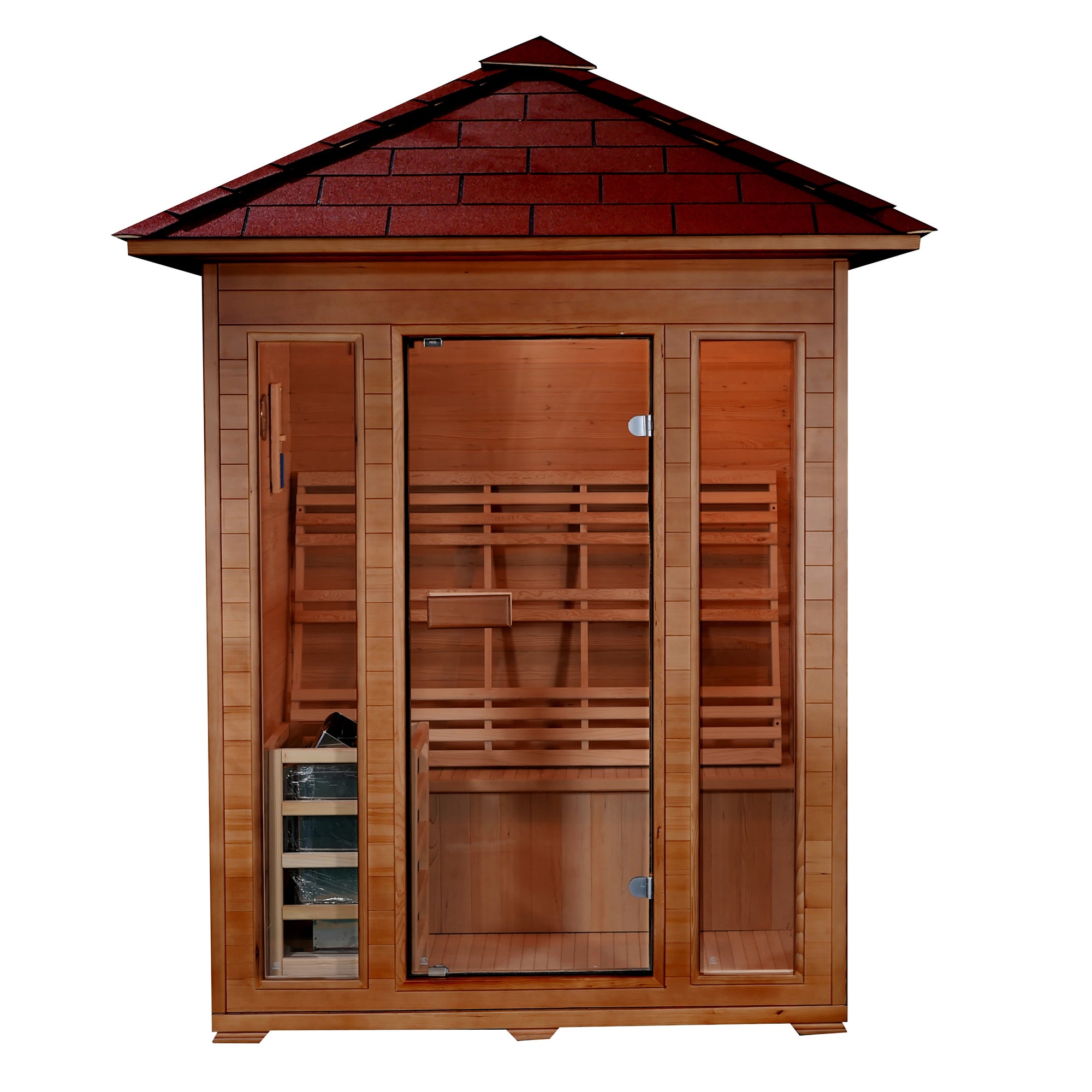 SunRay Waverly 3-Person Outdoor Traditional Sauna - Shingled roof with glass door, rear bench seat, 4.5 kW Heater with Rocks - HL300D2 Waverly - Isometric view