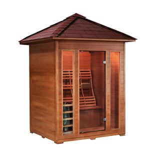 SunRay Waverly 3-Person Outdoor Traditional Sauna - Shingled roof with glass door, rear bench seat, 4.5 kW Heater with Rocks - HL300D2 Waverly - Isometric view