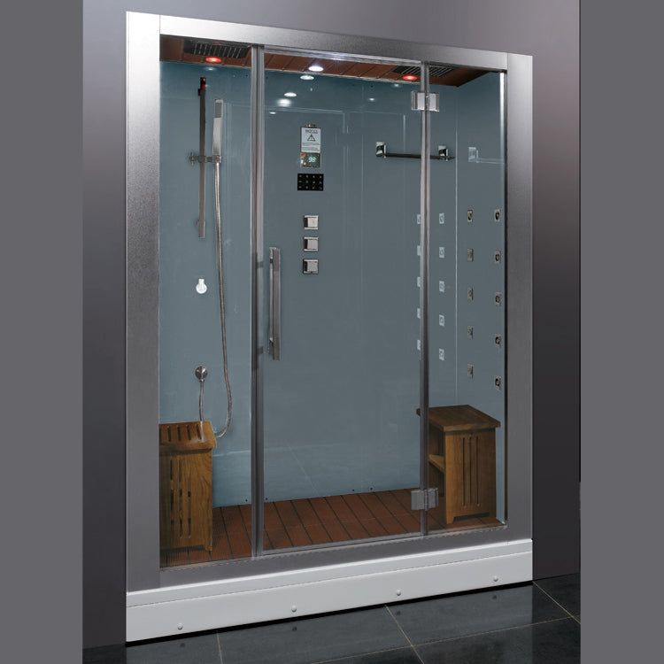 Platinum White Steam Shower white interior tempered glass door hardwood ceiling and floor combined with chrome trim with 20 Acupressure Massage Jets and 2 wooden seats